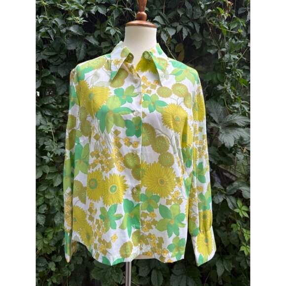 70s Dagger Collar Flower Power Shirt Green Yellow Sheer Floral Volup Custom Made - Picture 1 of 10